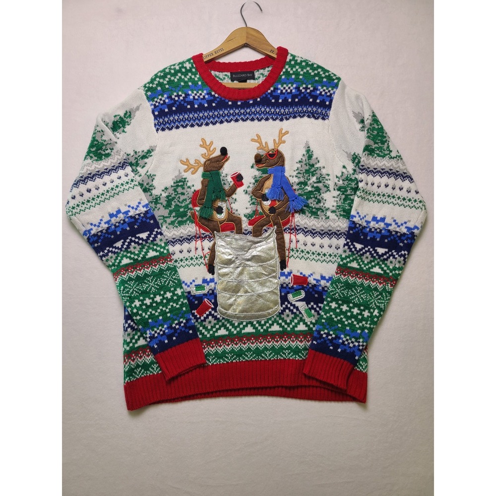 Blizzard Bay Large Sweater Ugly Christmas Reindeer Cooler White Fair Isle Knit